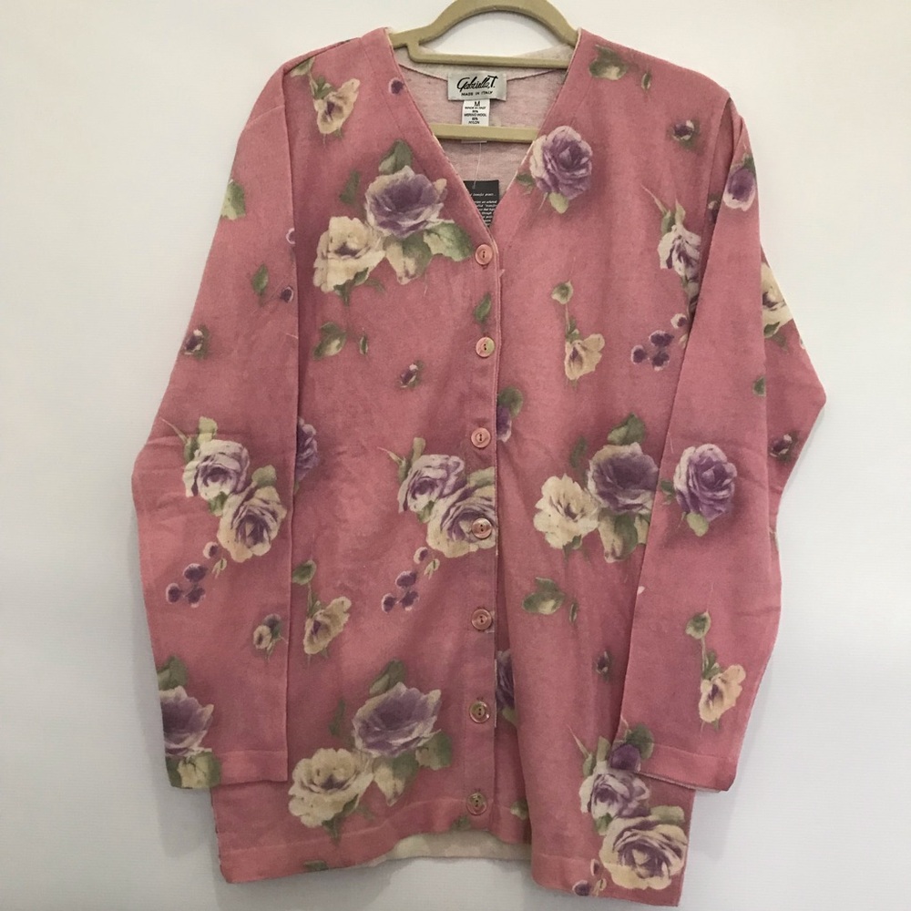 NWT Gabriella T Pink Floral Button-Front Women's Cardigan Sweater Size M